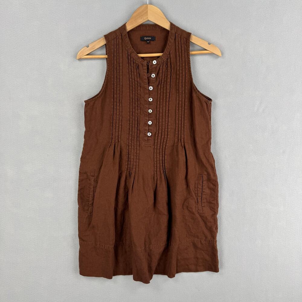 Quince Dress Womens XS Brown 100% Linen Sleeveless Henley Shift Pockets Mini - Picture 1 of 7